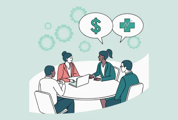 Illustration of diverse professionals discussing urology practice M&A at a conference table with financial and healthcare symbols - representing SovDoc's advisory services for urology practice mergers and acquisitions