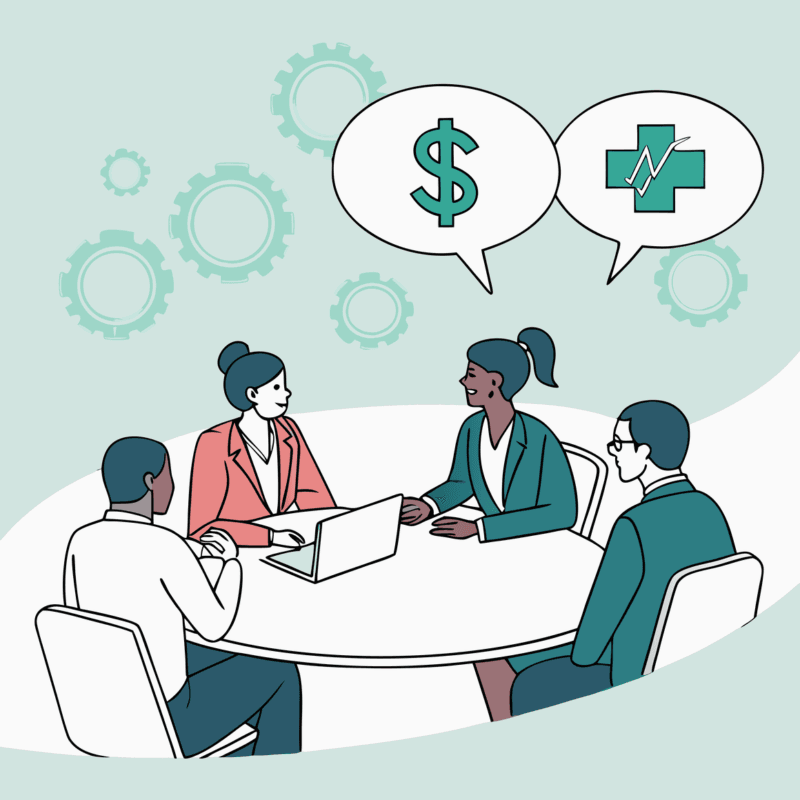 Illustration of diverse professionals discussing urology practice M&A at a conference table with financial and healthcare symbols - representing SovDoc's advisory services for urology practice mergers and acquisitions