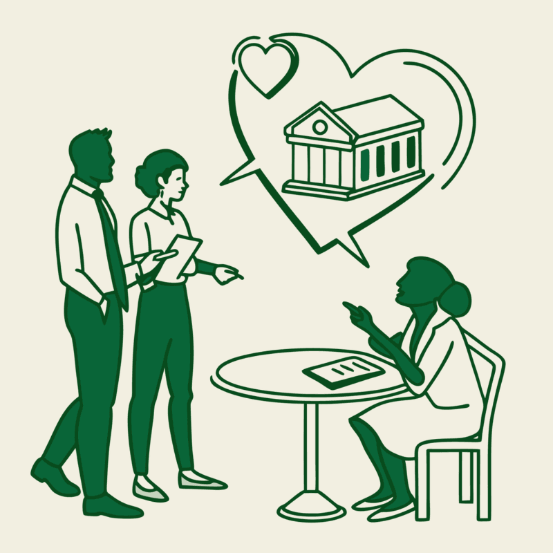 SovDoc healthcare M&A advisors discussing cardiology practice mergers and acquisitions, represented by professionals collaborating around a table with a heart symbol and building merger illustration