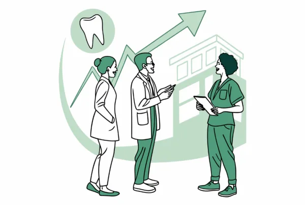 Stylized illustration of medical business brokers collaborating on dental practice valuation and growth strategies. SovDoc healthcare M&A specialists facilitating successful dental practice mergers and acquisitions.