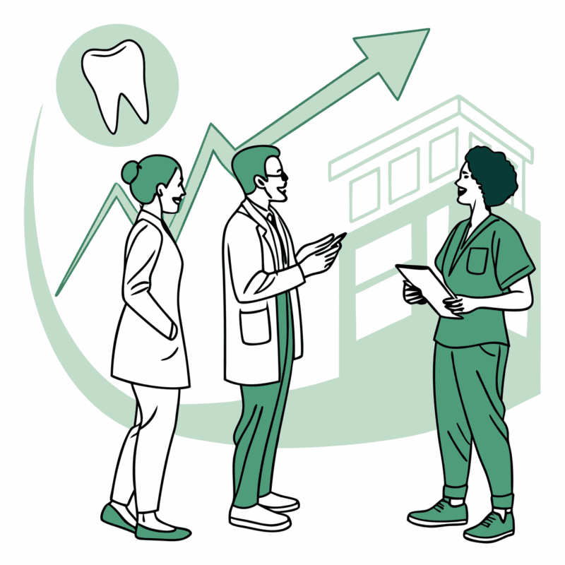 Stylized illustration of medical business brokers collaborating on dental practice valuation and growth strategies. SovDoc healthcare M&A specialists facilitating successful dental practice mergers and acquisitions.