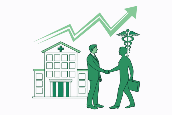 Illustration of a dermatology practice acquisition showing business broker and dermatologist handshake with medical clinic and growth chart - SovDoc's healthcare M&A expertise in dermatology practice transactions