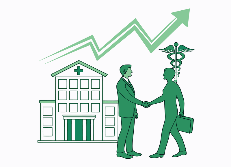 Illustration of a dermatology practice acquisition showing business broker and dermatologist handshake with medical clinic and growth chart - SovDoc's healthcare M&A expertise in dermatology practice transactions