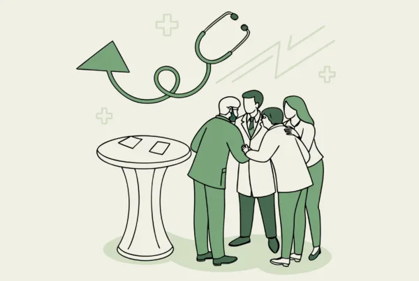 Diverse healthcare professionals collaborate around a table with healthcare and business growth symbols, representing SovDoc's advisor expertise in ENT medical practice mergers and acquisitions.