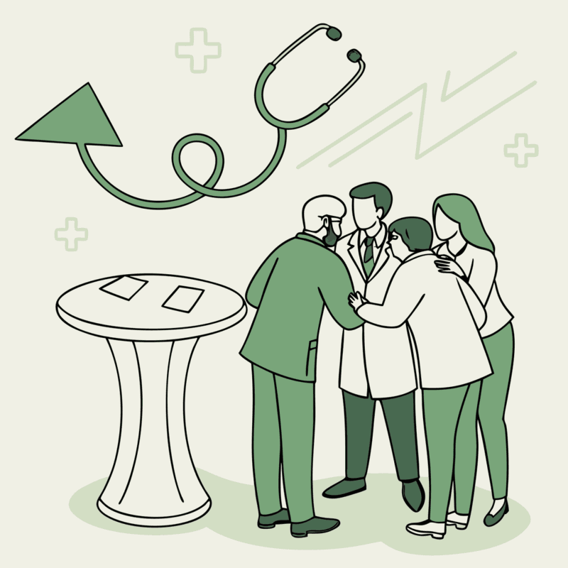 Diverse healthcare professionals collaborate around a table with healthcare and business growth symbols, representing SovDoc's advisor expertise in ENT medical practice mergers and acquisitions.