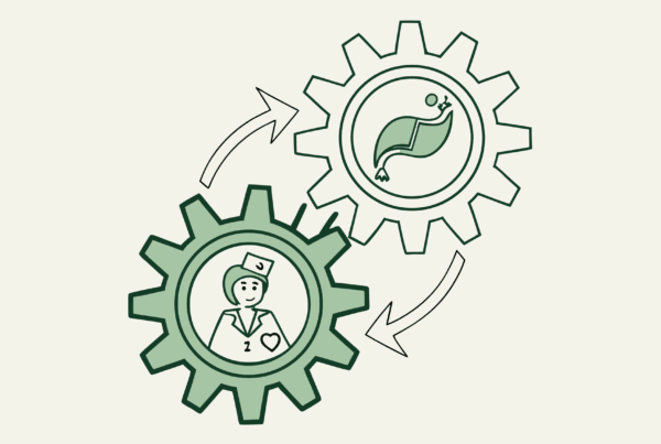 SovDoc healthcare M&A illustration showing intertwined gears and GI & Hepatology symbols representing medical practice merger and acquisition advisory services for gastroenterology and liver specialists.