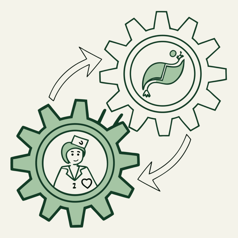 SovDoc healthcare M&A illustration showing intertwined gears and GI & Hepatology symbols representing medical practice merger and acquisition advisory services for gastroenterology and liver specialists.