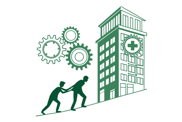 Illustration showing the seamless merger of two interventional pain practices with interlocked gears symbolizing SovDOC's expertise in healthcare M&A and practice consolidation advisory services.