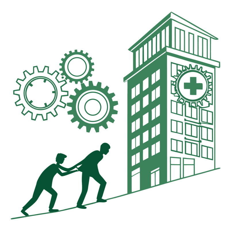Illustration showing the seamless merger of two interventional pain practices with interlocked gears symbolizing SovDOC's expertise in healthcare M&A and practice consolidation advisory services.