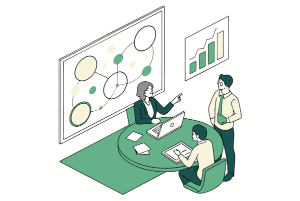 SovDoc healthcare M&A professionals discussing med spa practice mergers and acquisitions strategy around a conference table with visual data presentation, representing medical business broker advisory services.