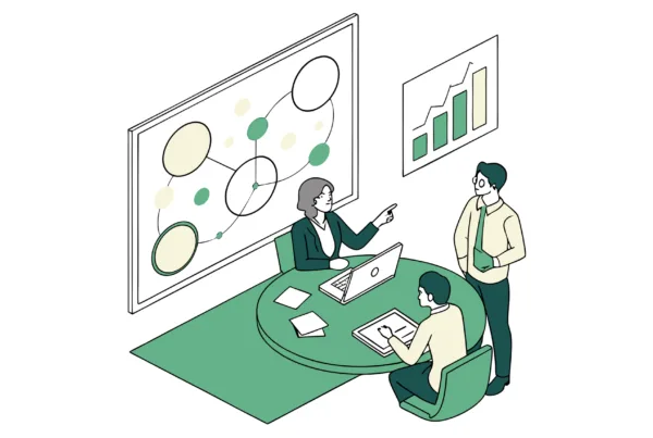 SovDoc healthcare M&A professionals discussing med spa practice mergers and acquisitions strategy around a conference table with visual data presentation, representing medical business broker advisory services.