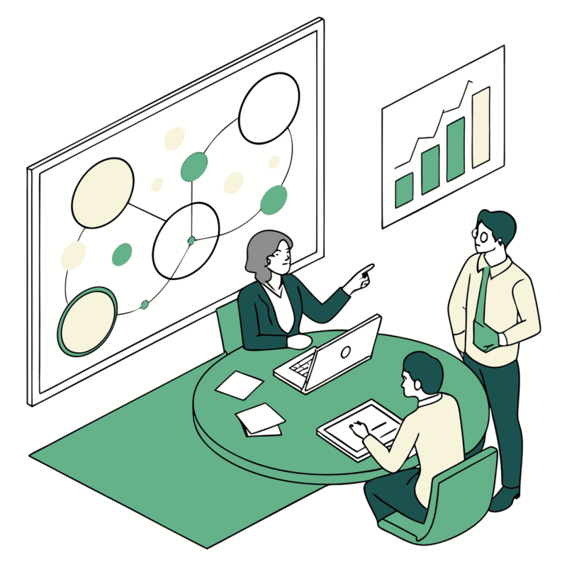 SovDoc healthcare M&A professionals discussing med spa practice mergers and acquisitions strategy around a conference table with visual data presentation, representing medical business broker advisory services.