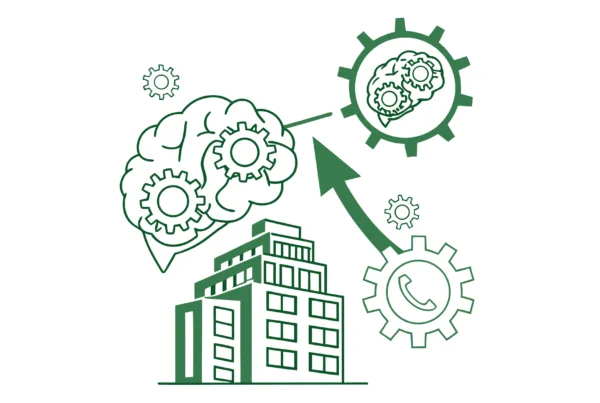 Abstract illustration of interconnected brain and building structures with an upward arrow, representing SovDoc's expertise in neurological rehabilitation M&A and medical practice broker services.