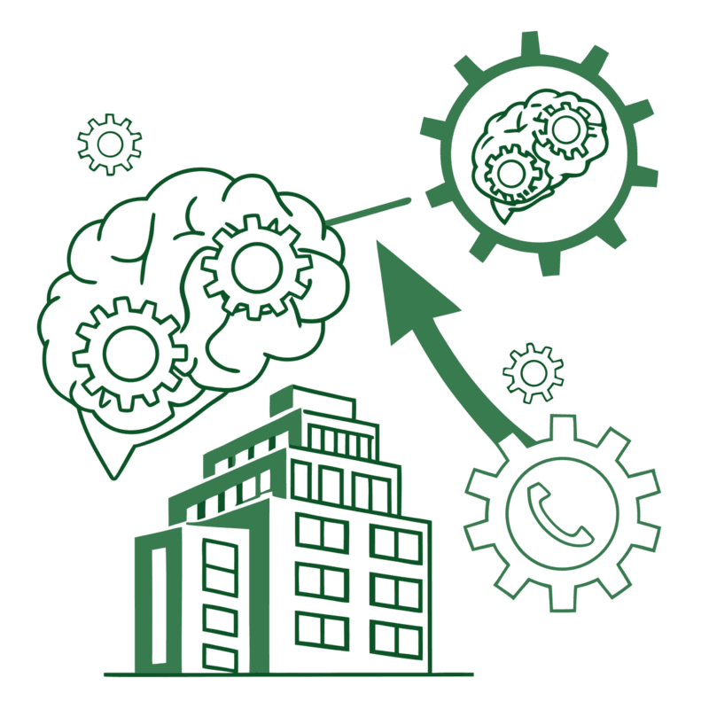 Abstract illustration of interconnected brain and building structures with an upward arrow, representing SovDoc's expertise in neurological rehabilitation M&A and medical practice broker services.