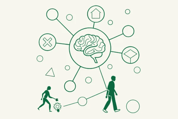 Abstract green vector illustration showing interconnected neural networks with geometric shapes being managed by simplified figures, representing SovDoc's specialized advisory services for neurology practice mergers and acquisitions in the healthcare M&A sector.