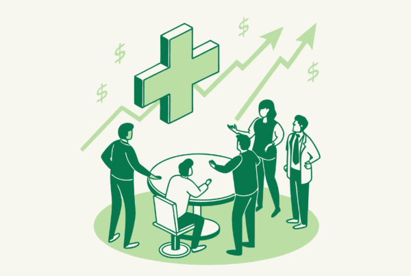 Stylized illustration of advisors collaborating around a medical acquisition strategy table with a glowing green medical cross - representing SovDoc's oncology practice M&A advisory services for medical business brokers in healthcare mergers and acquisitions.