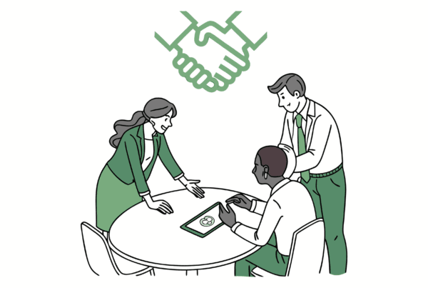 Diverse professionals collaborating around a table with a symbolic handshake forming an orthopedic bone outline—representing SovDoc's orthopaedic and MSK medical practice merger and acquisition advisory services.