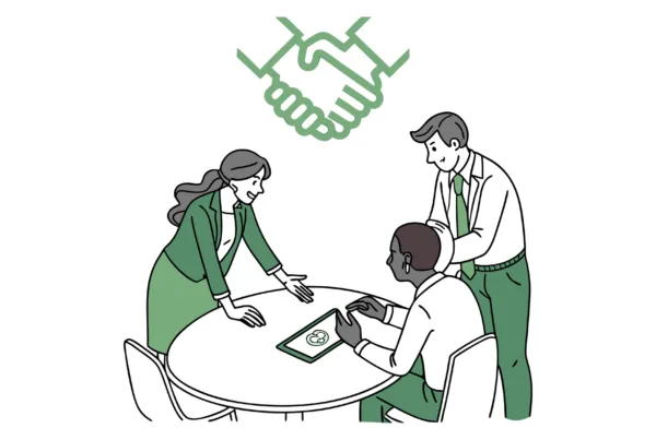 Diverse professionals collaborating around a table with a symbolic handshake forming an orthopedic bone outline—representing SovDoc's orthopaedic and MSK medical practice merger and acquisition advisory services.