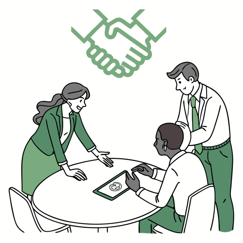 Diverse professionals collaborating around a table with a symbolic handshake forming an orthopedic bone outline—representing SovDoc's orthopaedic and MSK medical practice merger and acquisition advisory services.