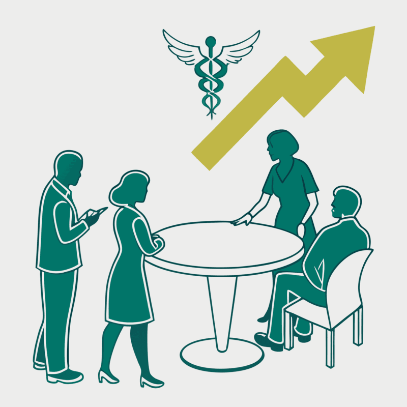 Four advisors collaborating at a round table, symbolizing SovDoc's expert roundup on orthopedic and post-surgical rehabilitation practice mergers and acquisitions, representing healthcare M&A consultation.