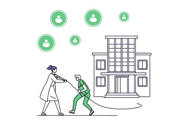 Minimalist vector illustration showing an outpatient physical therapy clinic connecting to a corporate building with advisor icons between them, representing SovDoc's medical practice M&A advisory services for physical therapy practices.
