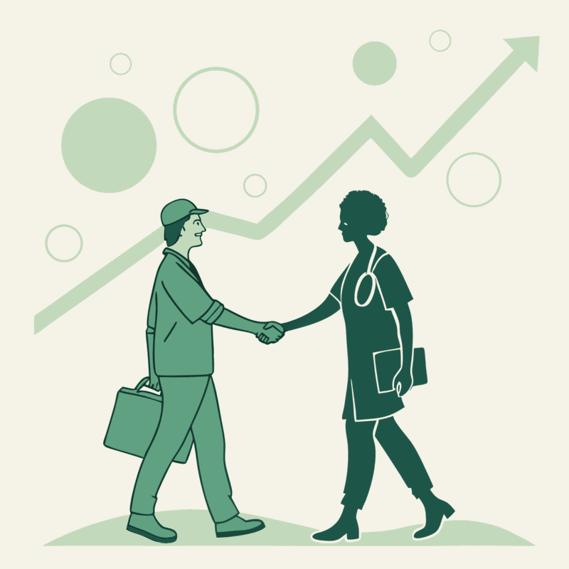 Two silhouetted figures shaking hands over rising graph, representing successful primary care practice mergers and acquisitions facilitated by SovDoc healthcare M&A advisors.