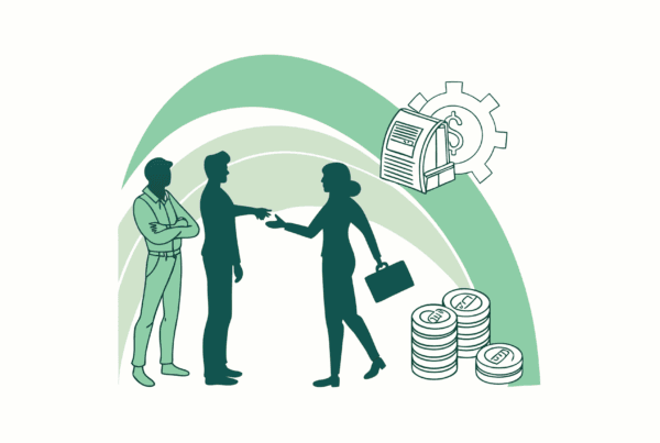 Stylized illustration of business brokers in radiology practice M&A, depicting figures analyzing financials and partnerships - SovDoc healthcare merger and acquisition advisory services for medical practice transactions