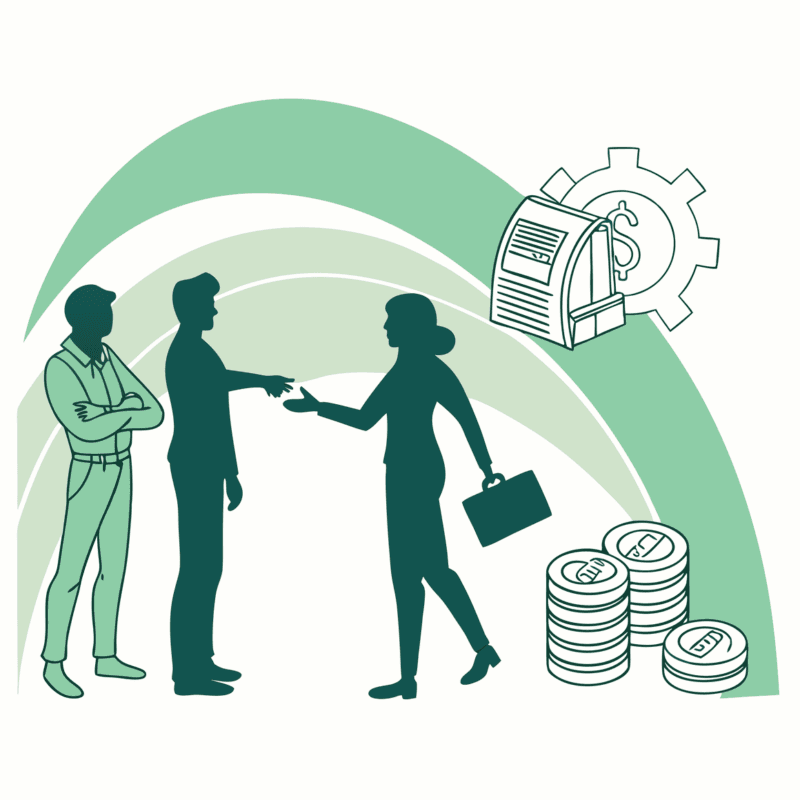 Stylized illustration of business brokers in radiology practice M&A, depicting figures analyzing financials and partnerships - SovDoc healthcare merger and acquisition advisory services for medical practice transactions