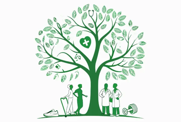 Illustration of a growth tree with sports medicine equipment symbolizing strategic partnerships and M&A opportunities in sports medicine and performance therapy practices. SovDoc healthcare M&A advisors facilitate practice transitions in this specialized medical sector.