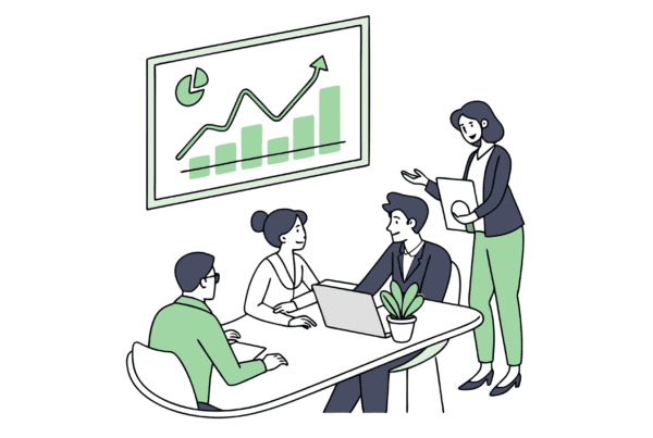 SovDoc healthcare M&A experts discuss urgent care practice mergers and acquisitions strategies around a conference table, analyzing growth opportunities represented by green upward-trending infographics, symbolizing successful medical business transitions in the urgent care sector.