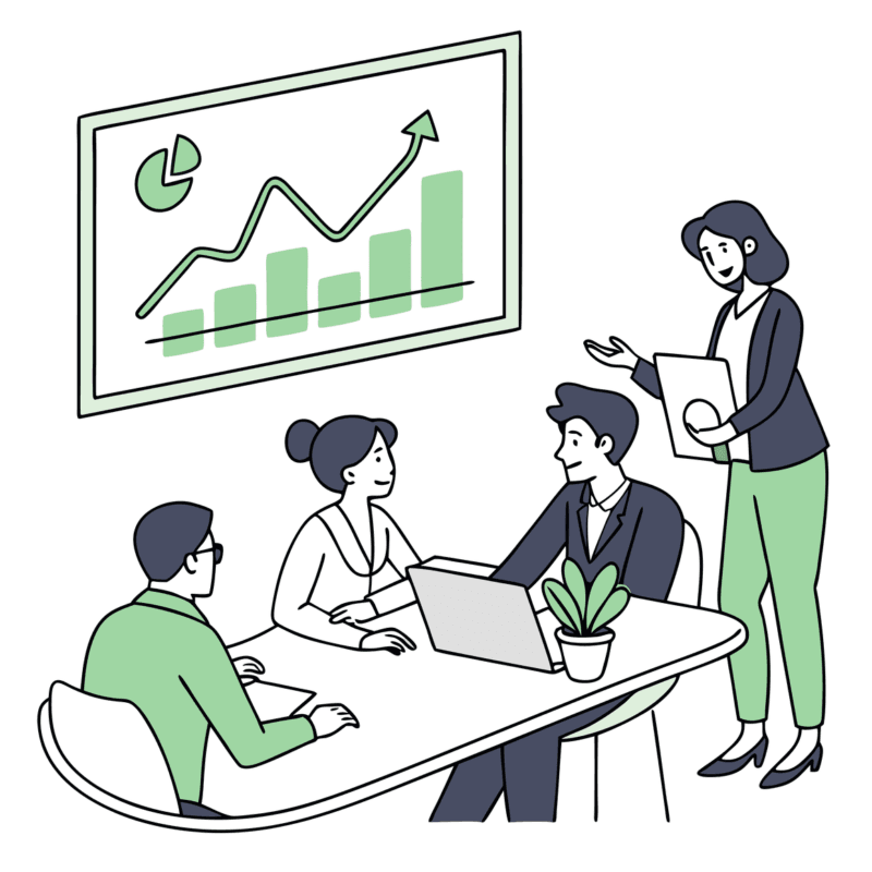 SovDoc healthcare M&A experts discuss urgent care practice mergers and acquisitions strategies around a conference table, analyzing growth opportunities represented by green upward-trending infographics, symbolizing successful medical business transitions in the urgent care sector.