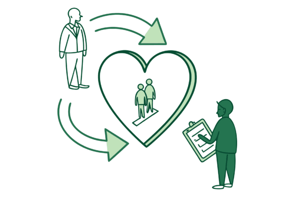 SovDoc healthcare M&A illustration showing cardiology practice valuation consultants advising on merger process with stylized heart icon and acquisition arrows - representing cardiology practice valuation services in healthcare M&A.