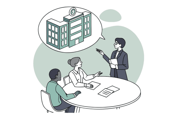 SovDoc illustration of valuation consultants discussing dental practice mergers and acquisitions, analyzing market growth and practice transformations to support healthcare M&A decisions.