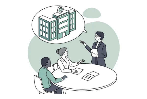 SovDoc illustration of valuation consultants discussing dental practice mergers and acquisitions, analyzing market growth and practice transformations to support healthcare M&A decisions.