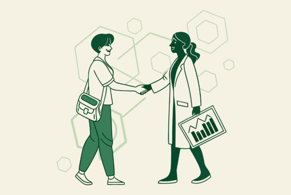 Minimalist illustration showing a handshake between a dermatology professional and business consultant, symbolizing valuation partnerships in dermatology practice mergers and acquisitions. SovDoc healthcare M&A advisor roundup for dermatology practice valuation.