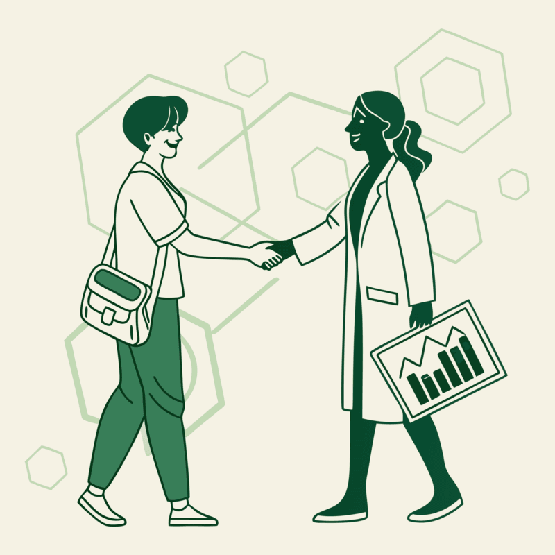 Minimalist illustration showing a handshake between a dermatology professional and business consultant, symbolizing valuation partnerships in dermatology practice mergers and acquisitions. SovDoc healthcare M&A advisor roundup for dermatology practice valuation.