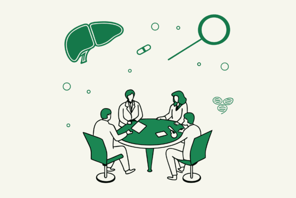 SovDoc healthcare advisors conduct valuation consultations for GI & Hepatology medical practice mergers and acquisitions, represented by figures gathered around a table analyzing clinical elements, symbolizing specialized healthcare due diligence expertise.