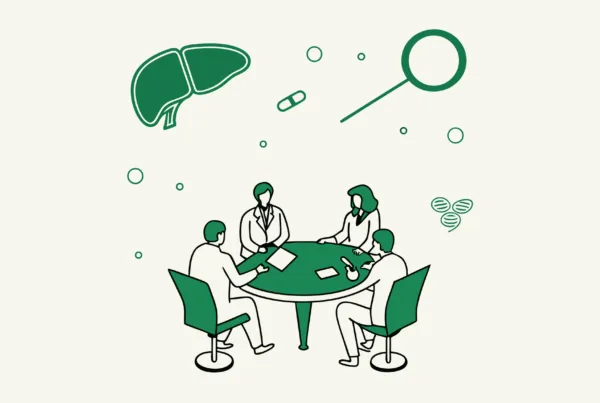 SovDoc healthcare advisors conduct valuation consultations for GI & Hepatology medical practice mergers and acquisitions, represented by figures gathered around a table analyzing clinical elements, symbolizing specialized healthcare due diligence expertise.