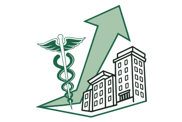 Stylized medical and financial illustration featuring a caduceus and growth arrow, representing SovDoc's valuation consultants for interventional pain practice mergers and acquisitions.