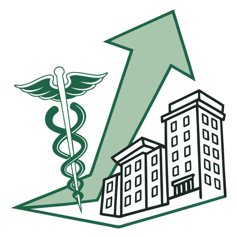 Stylized medical and financial illustration featuring a caduceus and growth arrow, representing SovDoc's valuation consultants for interventional pain practice mergers and acquisitions.