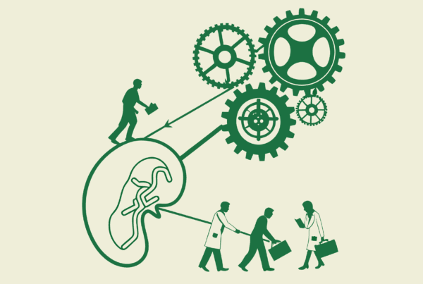 SovDoc M&A illustration showing nephrology practice valuation and integration - a stylized kidney being integrated into a broader business mechanism, symbolizing SovDoc's specialized approach to nephrology practice mergers and acquisitions with expert valuation consultants.