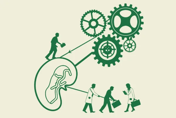 SovDoc M&A illustration showing nephrology practice valuation and integration - a stylized kidney being integrated into a broader business mechanism, symbolizing SovDoc's specialized approach to nephrology practice mergers and acquisitions with expert valuation consultants.
