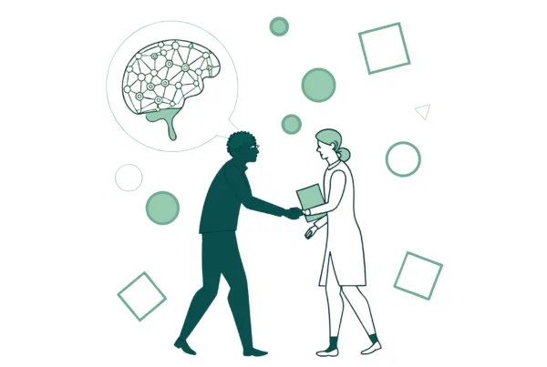 Two abstract figures shaking hands against a stylized brain background, representing SovDoc's advisory services for neurological rehabilitation practice mergers and acquisitions in healthcare M&A.