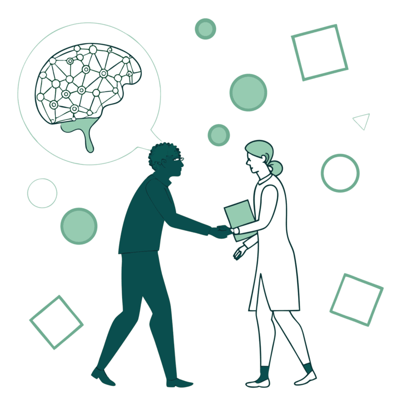 Two abstract figures shaking hands against a stylized brain background, representing SovDoc's advisory services for neurological rehabilitation practice mergers and acquisitions in healthcare M&A.