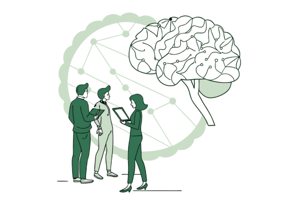 Stylized illustration showing valuation consultants analyzing a brain model, representing SovDoc's specialized expertise in neurology practice mergers and acquisitions valuation.