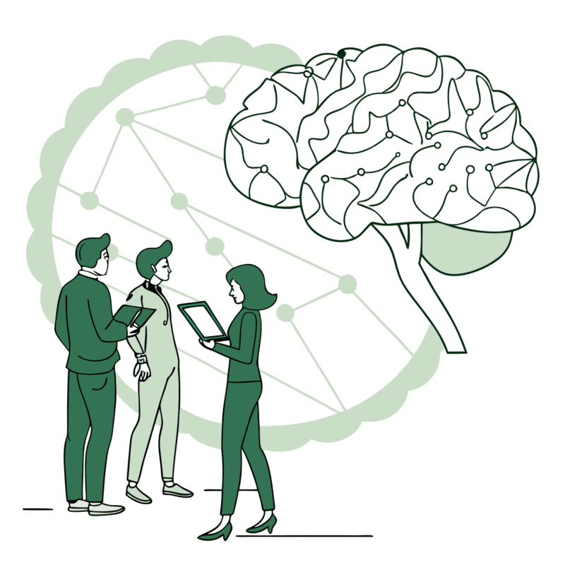 Stylized illustration showing valuation consultants analyzing a brain model, representing SovDoc's specialized expertise in neurology practice mergers and acquisitions valuation.