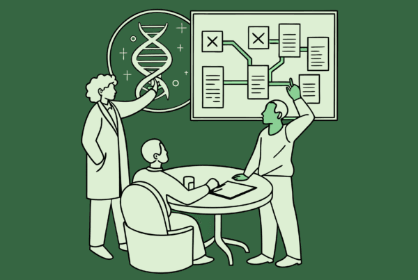 SovDoc healthcare M&A illustration showing valuation consultants analyzing oncology practice mergers and acquisitions with data visualization tools and medical technology elements in a modern, minimalist green design.