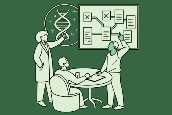 SovDoc healthcare M&A illustration showing valuation consultants analyzing oncology practice mergers and acquisitions with data visualization tools and medical technology elements in a modern, minimalist green design.