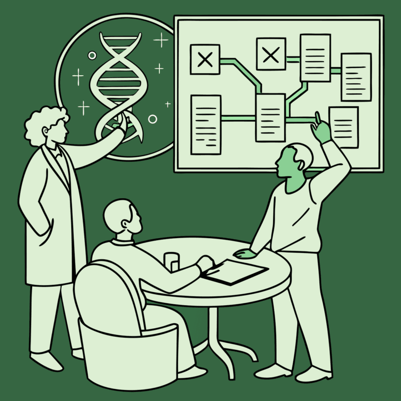 SovDoc healthcare M&A illustration showing valuation consultants analyzing oncology practice mergers and acquisitions with data visualization tools and medical technology elements in a modern, minimalist green design.