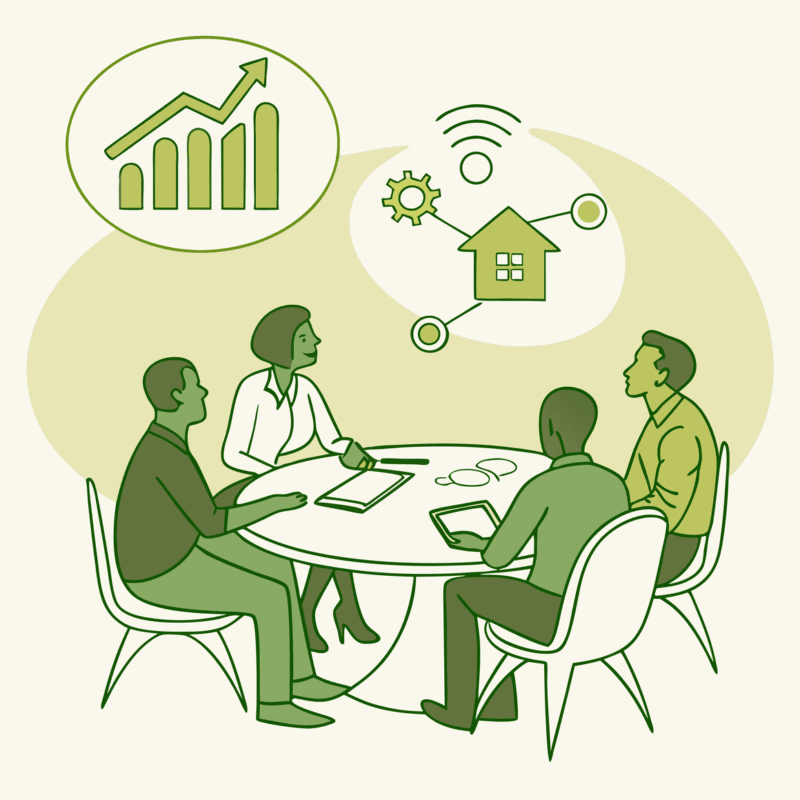 Orthopedic practice M&A advisory roundtable illustration showing medical valuation consultants discussing MSK practice mergers and acquisitions, with symbolic bone and practice merger graphics - SovDoc healthcare transaction advisory services